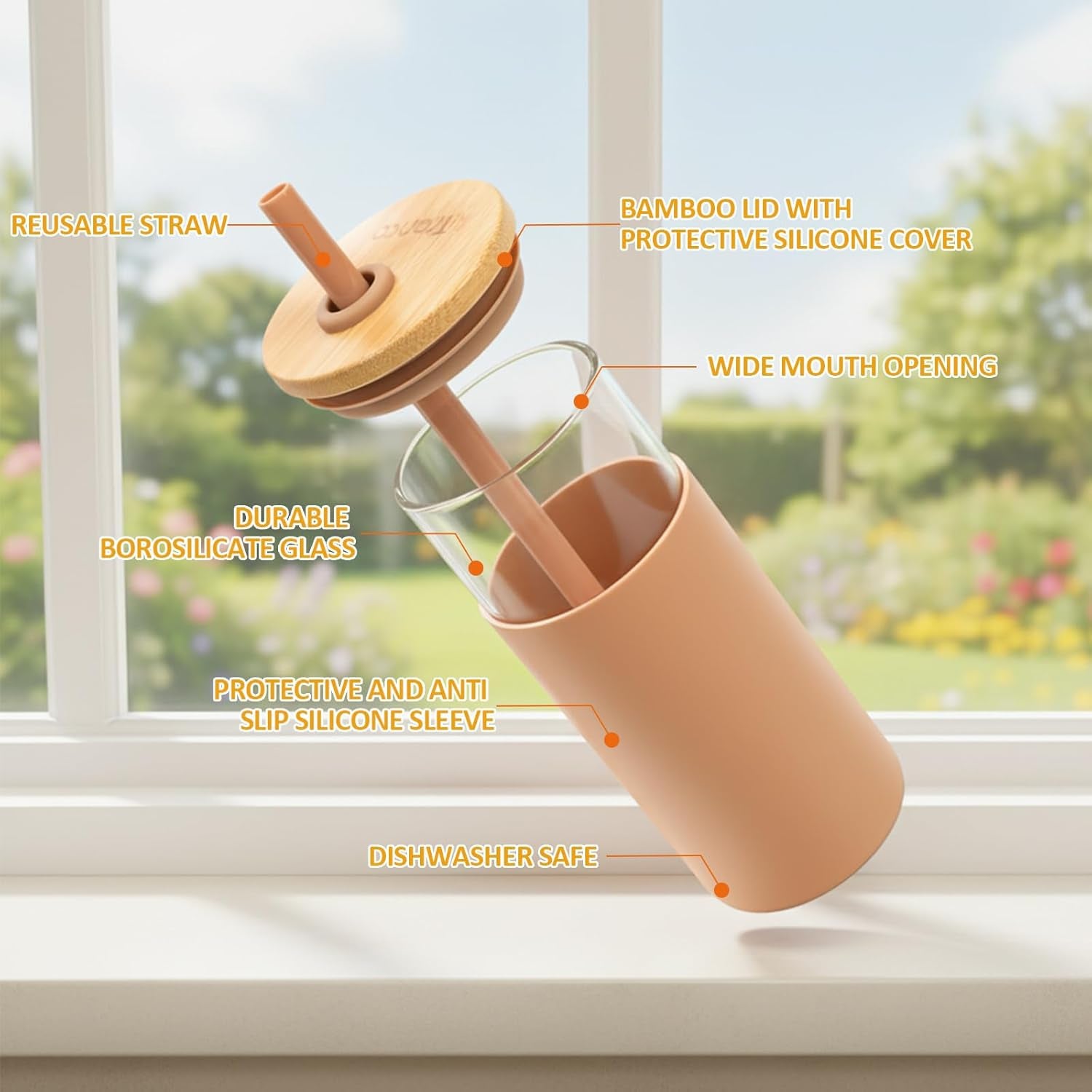 24Oz Glass Tumbler Glass Water Bottle Straw Silicone Protective Sleeve Bamboo Lid - BPA Free