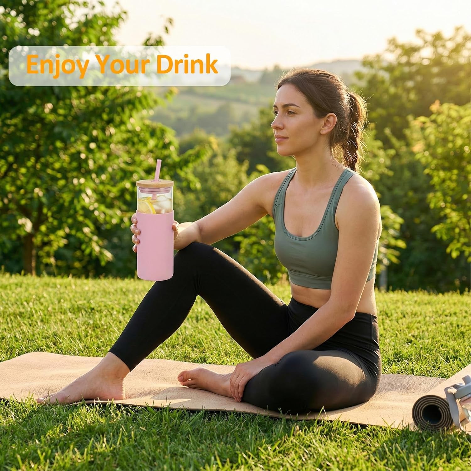 24Oz Glass Tumbler Glass Water Bottle Straw Silicone Protective Sleeve Bamboo Lid - BPA Free