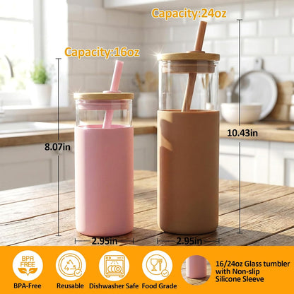 24Oz Glass Tumbler Glass Water Bottle Straw Silicone Protective Sleeve Bamboo Lid - BPA Free
