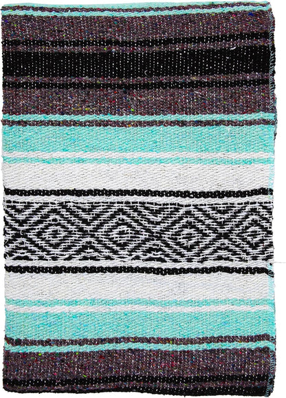 Mexican Yoga Blanket – Colorful Falsa Serape Throw for Yoga, Beach, Picnic, Saddle, or Home Décor – Soft Woven Boho Blanket (Cool Mint & Gray)